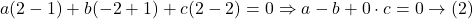 ~a(2-1)+b(-2+1)+c(2-2)=0 \Rightarrow a-b +0 \cdot c=0\rightarrow(2)