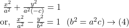 ~\frac{x^2}{a^2}+\frac{y^2}{a^2(-c)}=1 \\ \text{or,}~~ \frac{x^2}{a^2}-\frac{y^2}{b^2}=1~~(b^2=a^2c)\rightarrow(4)